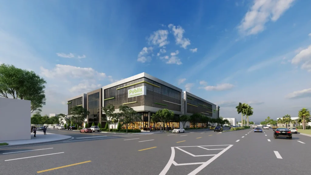 Modern commercial building on a sunny street with blue skies.