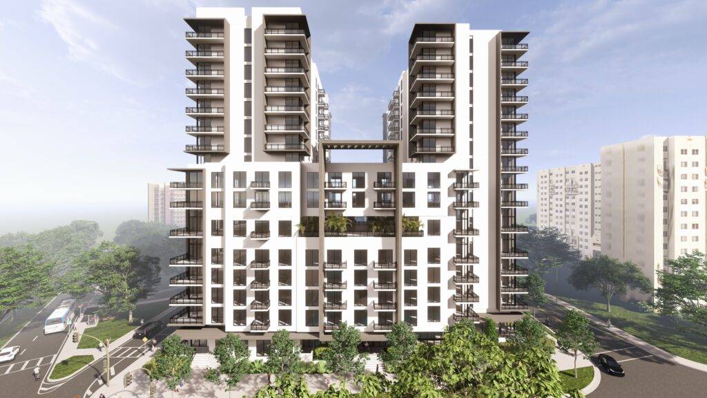 Modern high-rise apartment building with lush greenery and urban surroundings.