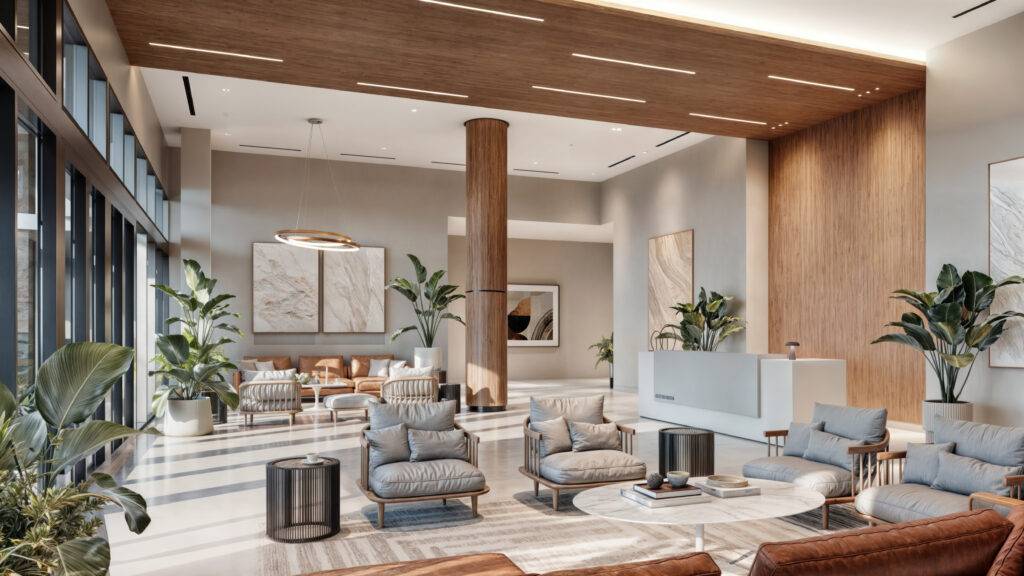 Modern hotel lobby with elegant seating, natural wood accents, and large windows.