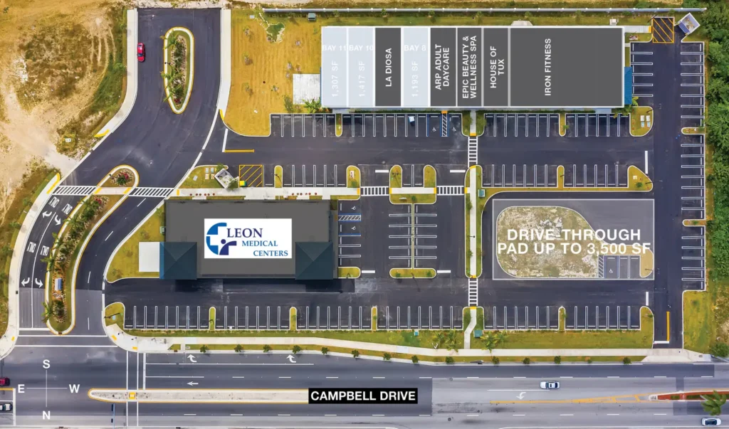 Aerial view of Leon Medical Center layout, featuring parking areas, a drive-through, and accessible entrances on Campbell Drive.