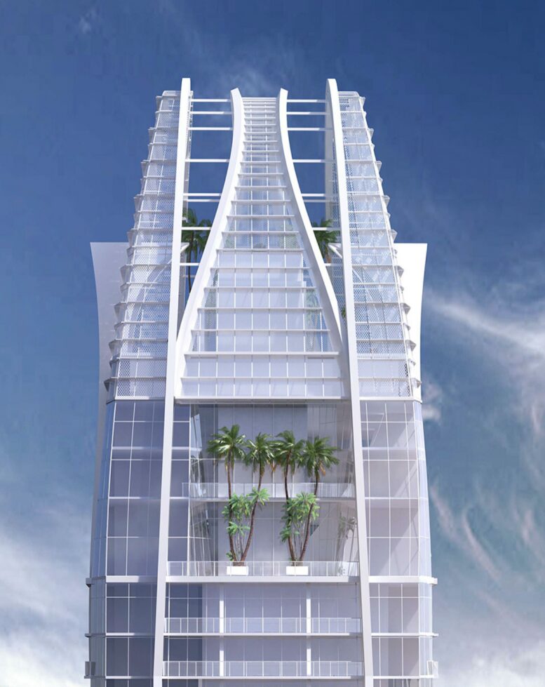 Modern skyscraper with unique curved facade and skyward design featuring palm trees on terraces.