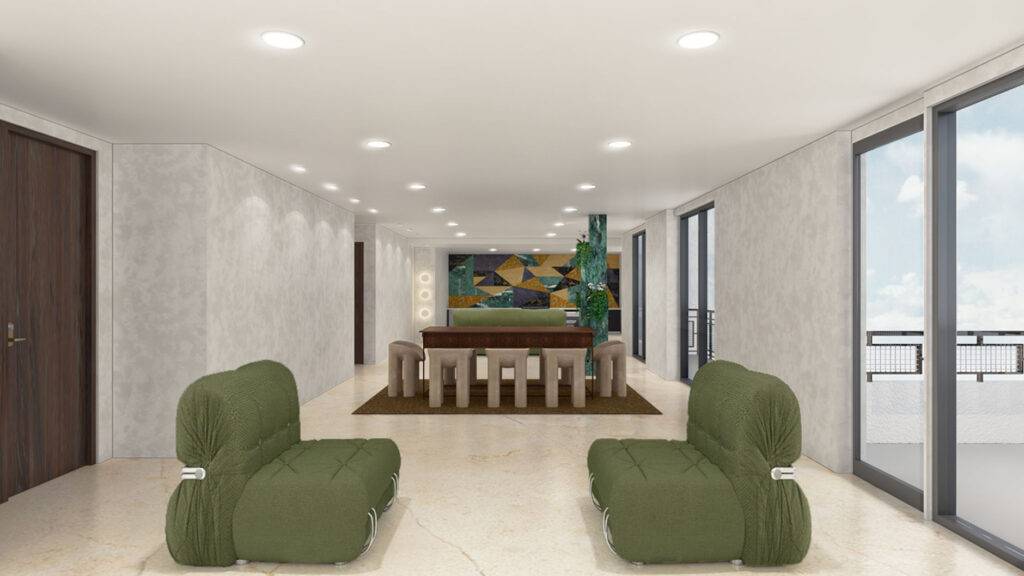 Modern interior design with green sofas and a dining area in a spacious room