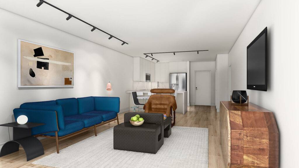 Modern living room with a blue sofa, abstract art, and stylish decor.