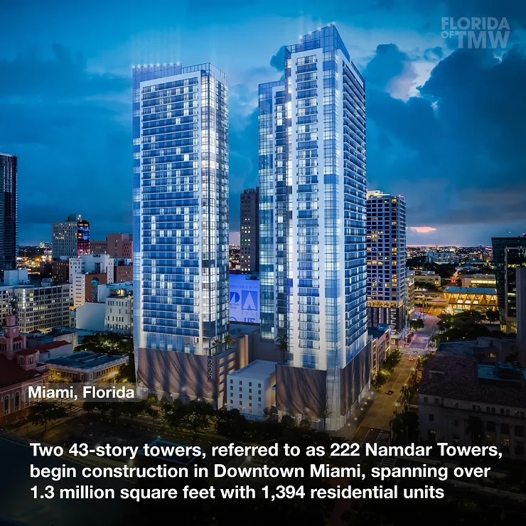 Night view of two 43-story towers under construction in Downtown Miami, illuminated skyline, with text overlay.