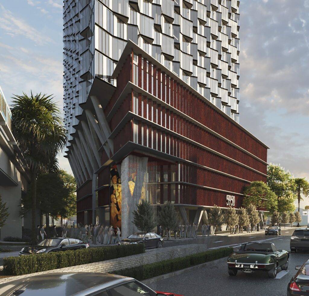 Modern architectural design in an urban cityscape with a striking building