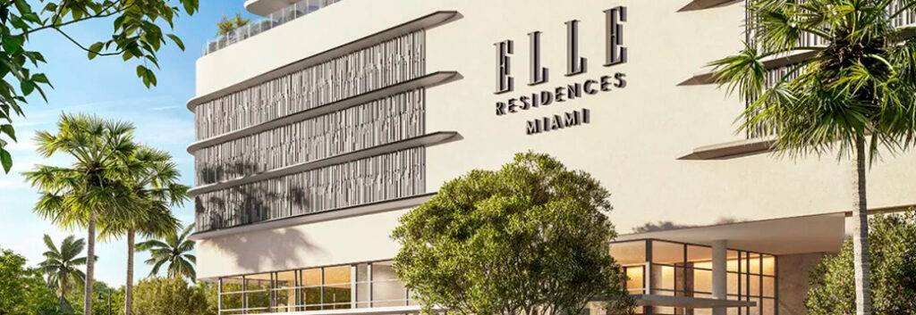 Luxurious Elle Residences Miami exterior with modern design and lush foliage.