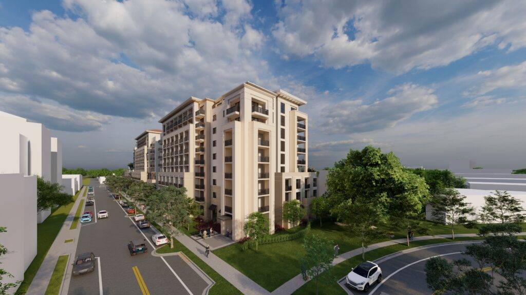 Modern apartment complex with lush greenery and a tranquil cityscape.