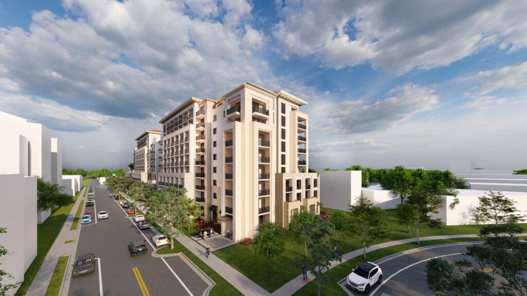 Modern urban residential building with lush green surroundings and a clear blue sky.