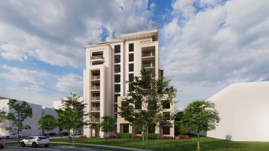Modern apartment building with balconies against a vibrant sky in an urban neighborhood.