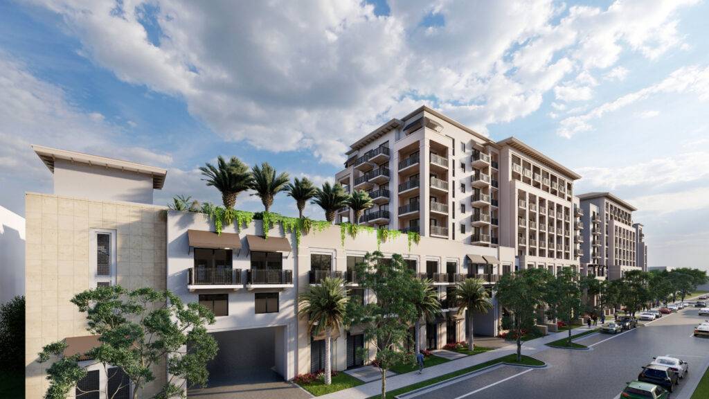 Modern Mediterranean-style apartment complex with palm trees and lush greenery.