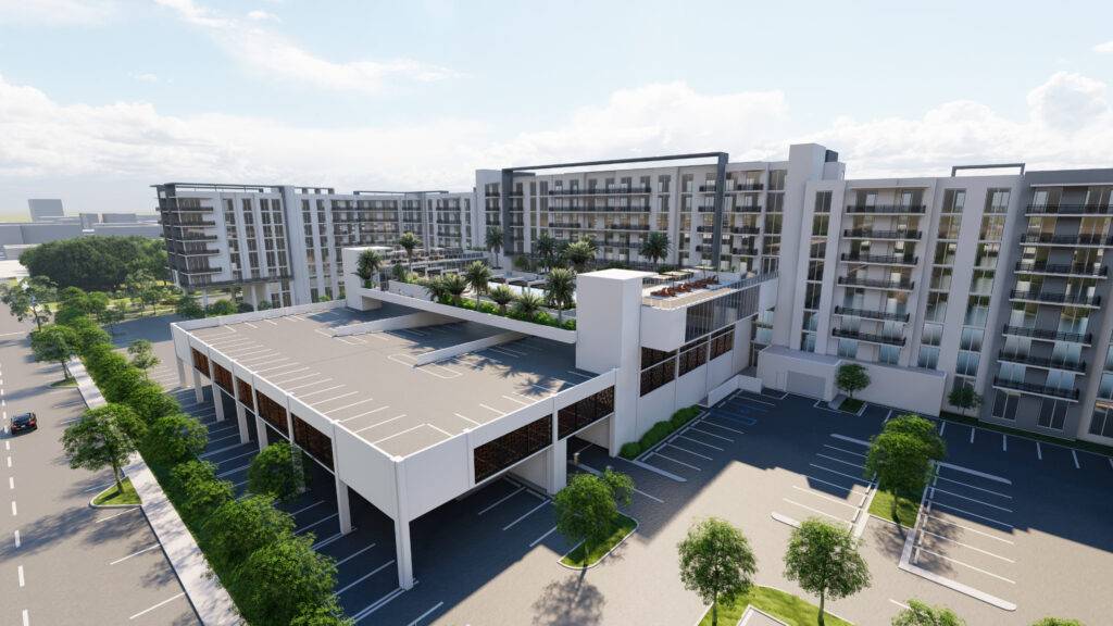 Modern residential complex with expansive rooftop gardens and contemporary architecture.