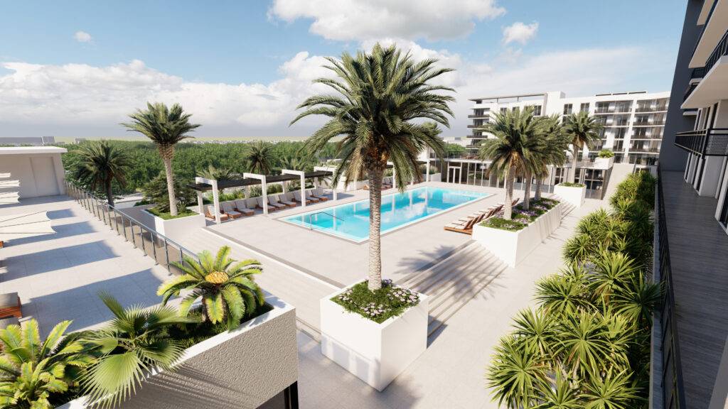 Luxurious rooftop pool area with palm trees and modern residences