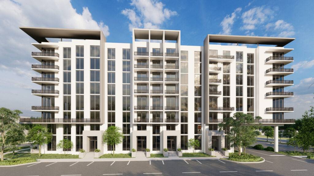Modern architectural facade of The Gardens Residences with blue sky backdrop.