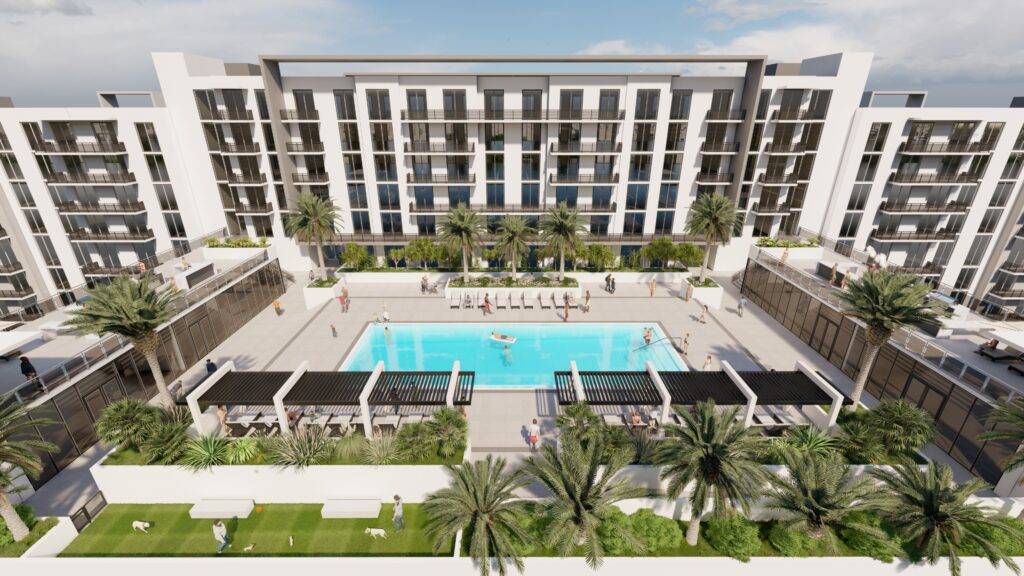 Modern residential complex with central pool and palm trees