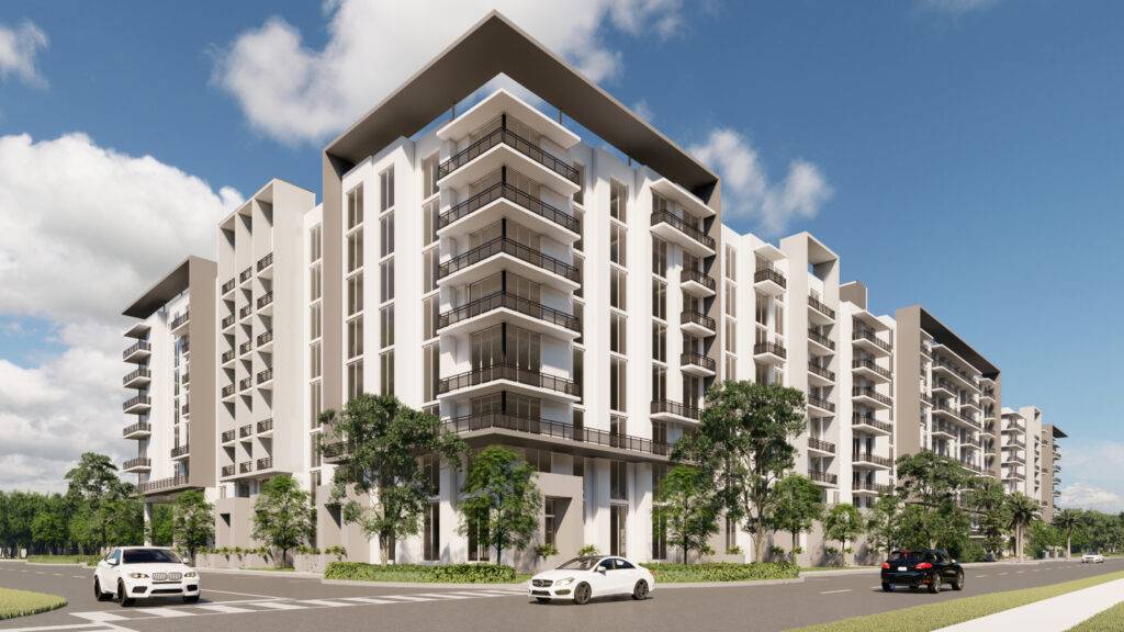 Modern apartment complex with geometric design featuring balconies and lush greenery, set against a clear blue sky.
