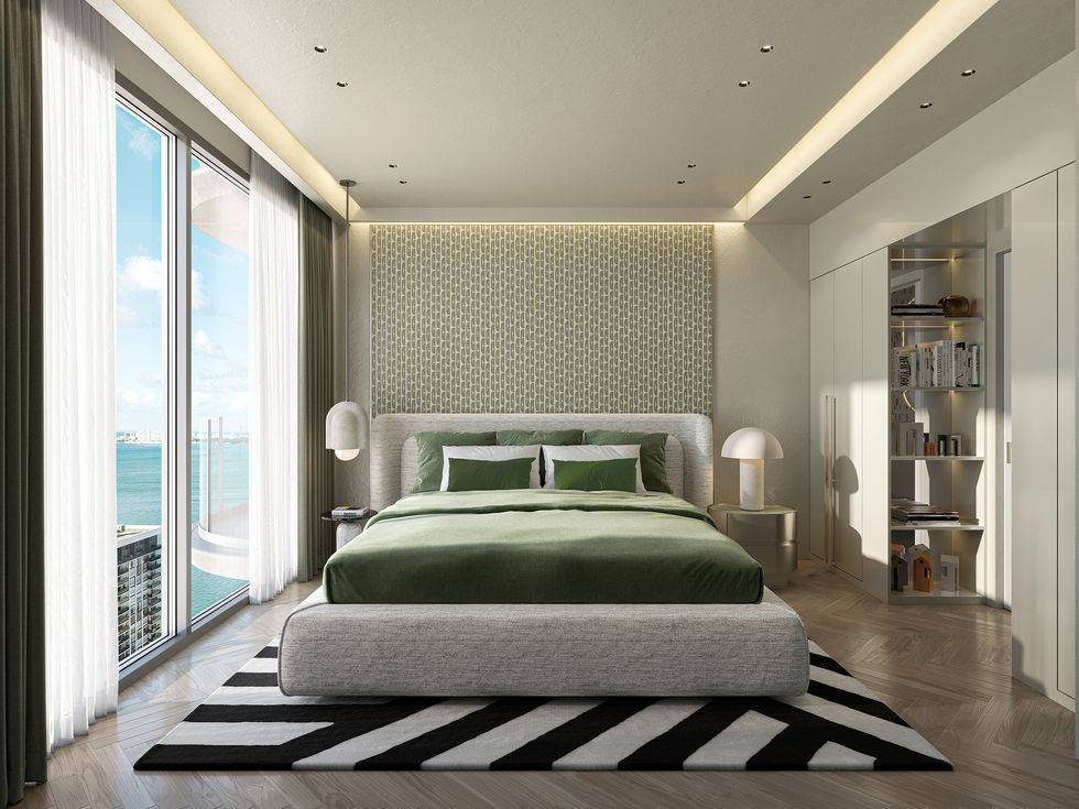 Elegant modern bedroom at Elle Residences Miami with ocean views.