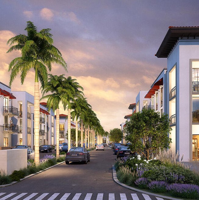 Modern residential street in East Tampa with palm trees and contemporary apartments at sunset.