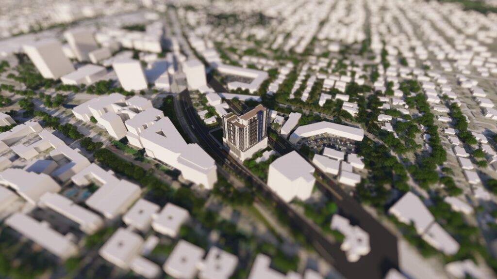 Aerial view of modern urban architecture surrounded by green spaces and intricate roadways.