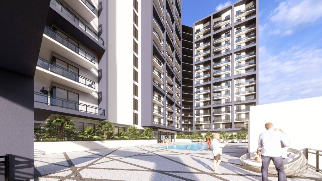 Modern high-rise apartment complex with spacious balconies and a central courtyard.