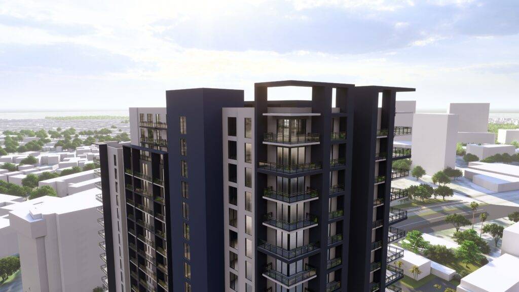 Modern high-rise building against a bright cityscape, showcasing urban architecture with sleek design.