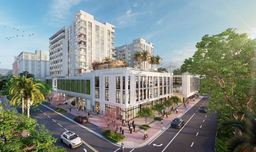 Modern urban development with tall buildings, lush greenery, and bustling streets.