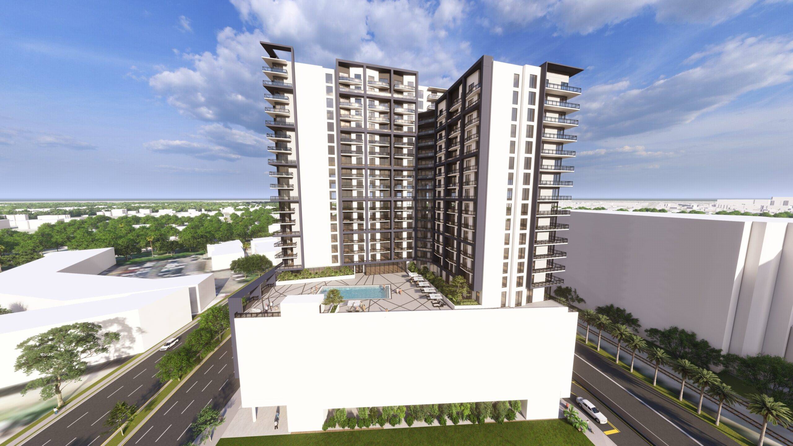 Modern high-rise apartment building with rooftop pool and city views under a clear blue sky.
