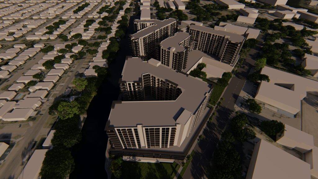 Aerial view of modern apartment complex surrounded by greenery and residential area.
