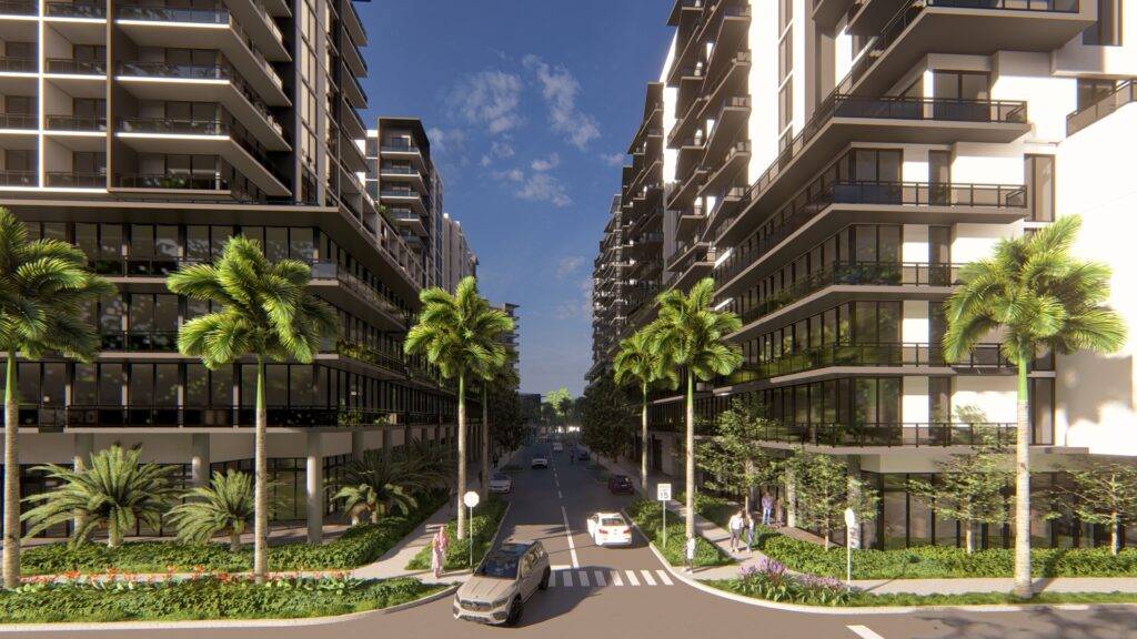 Modern high-rise buildings with palm trees lining a lively urban street.