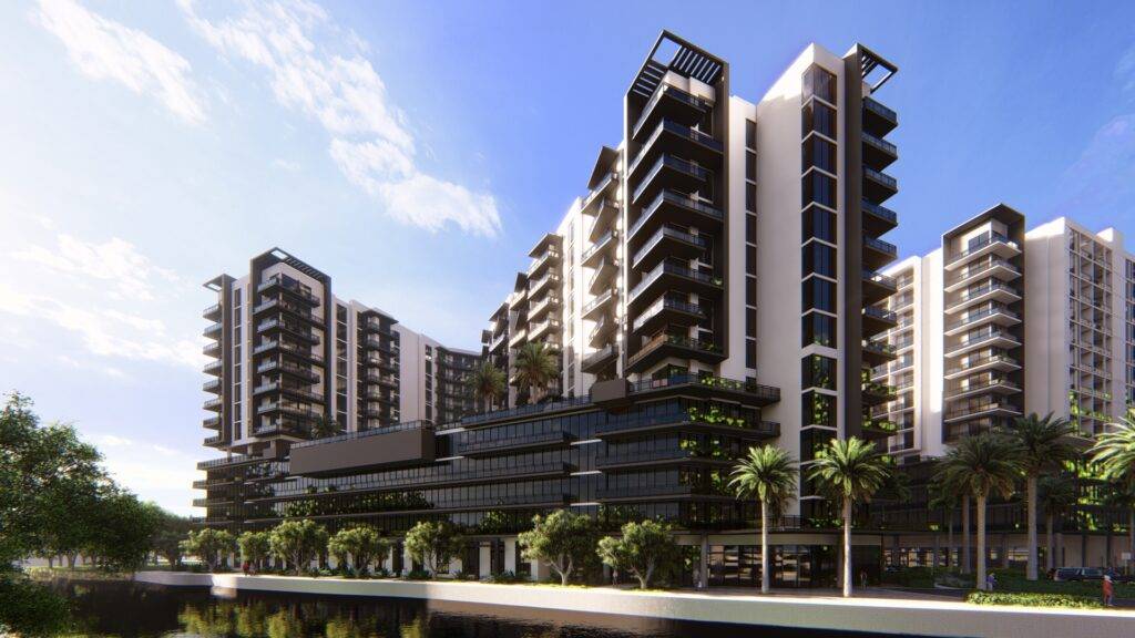 Modern high-rise buildings with palm trees lining the foreground and a partly cloudy sky.