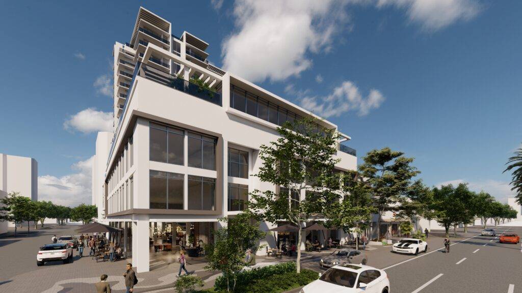 Modern architectural rendering of a sleek urban building under a bright blue sky.