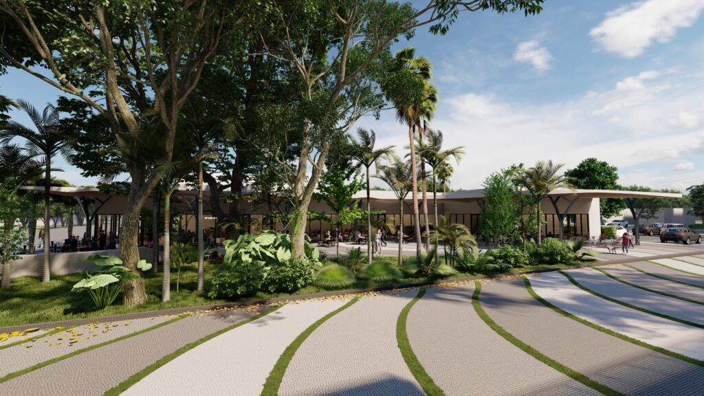 Architectural rendering of a modern, eco-friendly building surrounded by lush greenery and a winding pathway.
