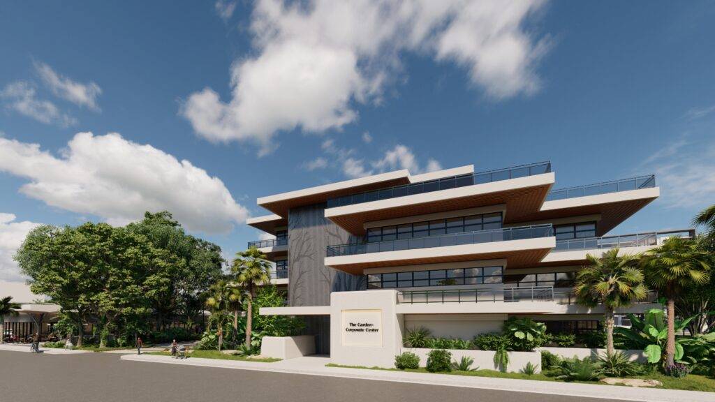 Modern architectural design of a sleek office building with lush greenery.