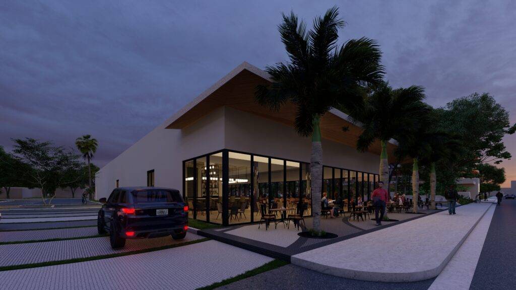 Modern architectural design of a sleek, illuminated building with glass walls at twilight, surrounded by palm trees.