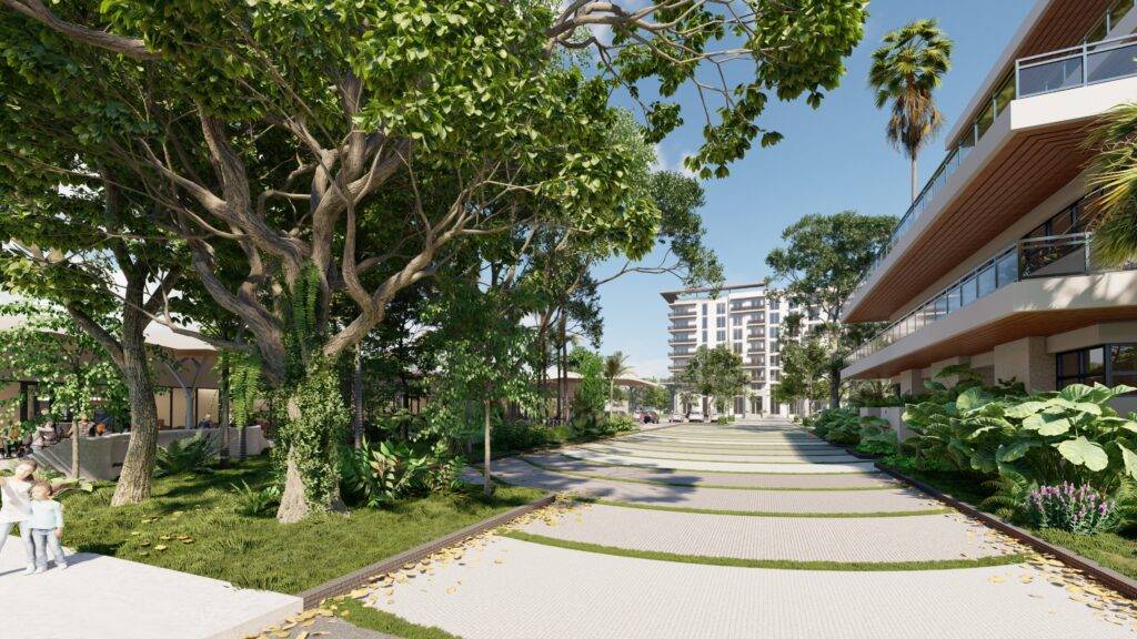 Modern architectural design with lush greenery and a pathway leading to a tall building.