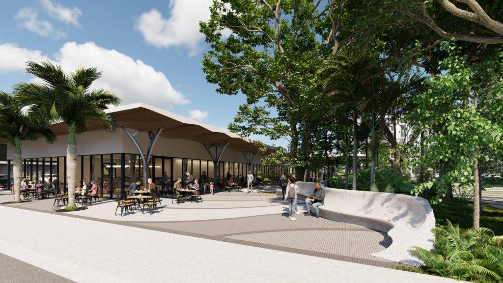 Modern outdoor cafe under palm trees with patio seating, surrounded by lush greenery.