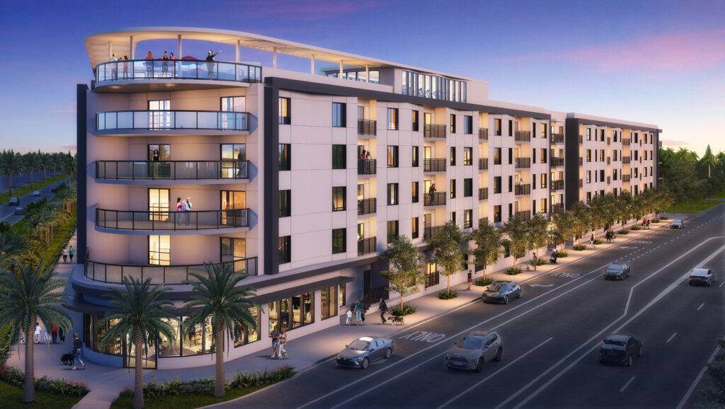 Modern apartment complex at sunset with balconies and palm trees.