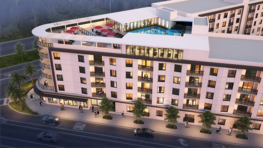 Aerial view of modern apartment building with rooftop pool and terrace.
