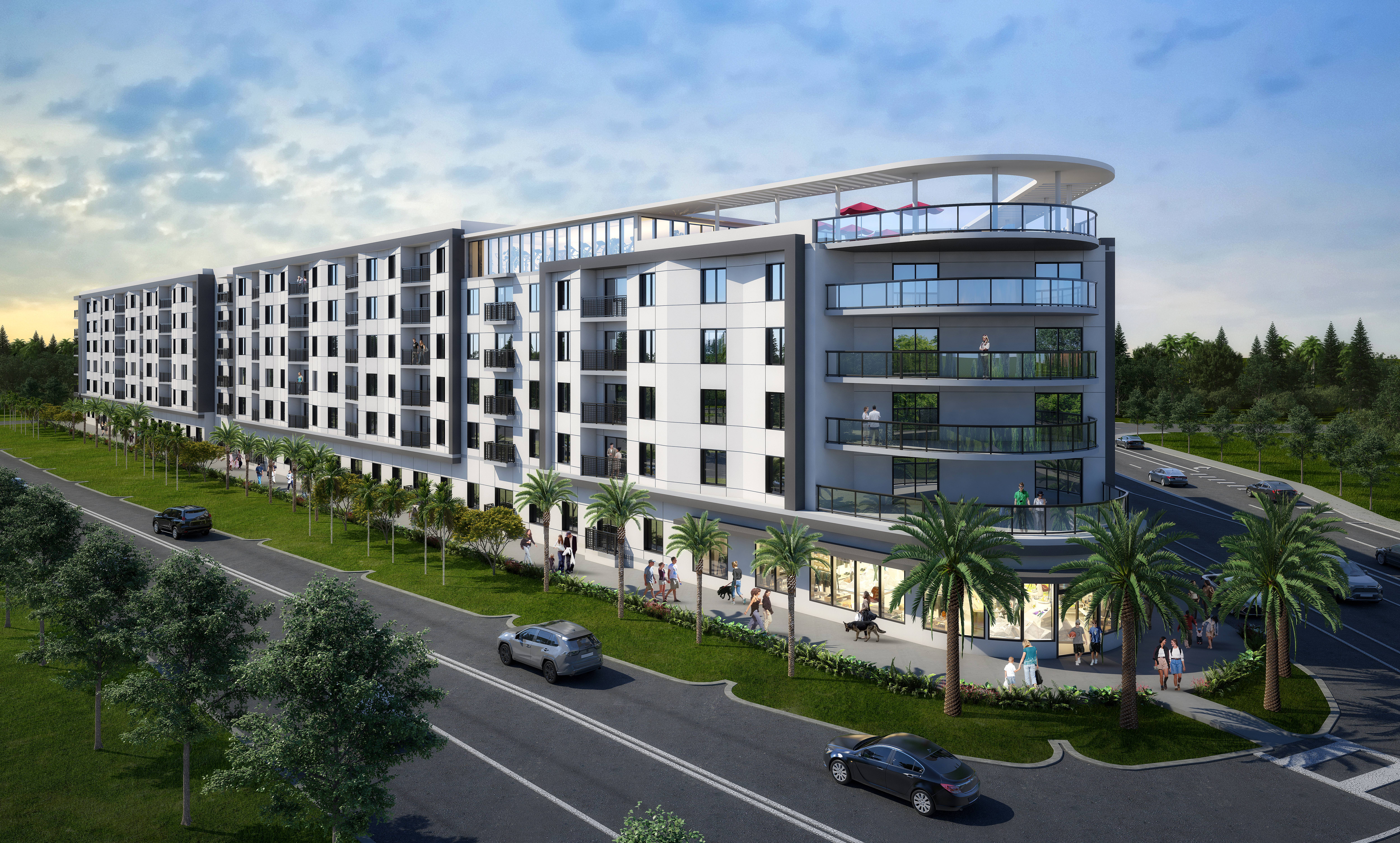 Modern apartment building with palm trees and a busy street.