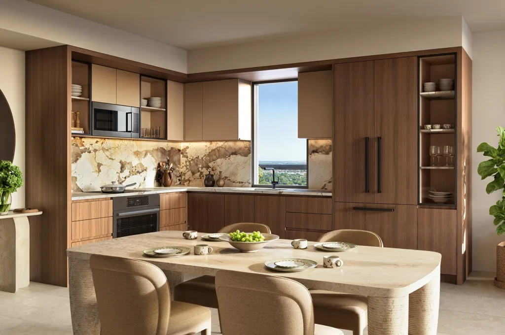 Modern kitchen with wooden cabinets and dining table