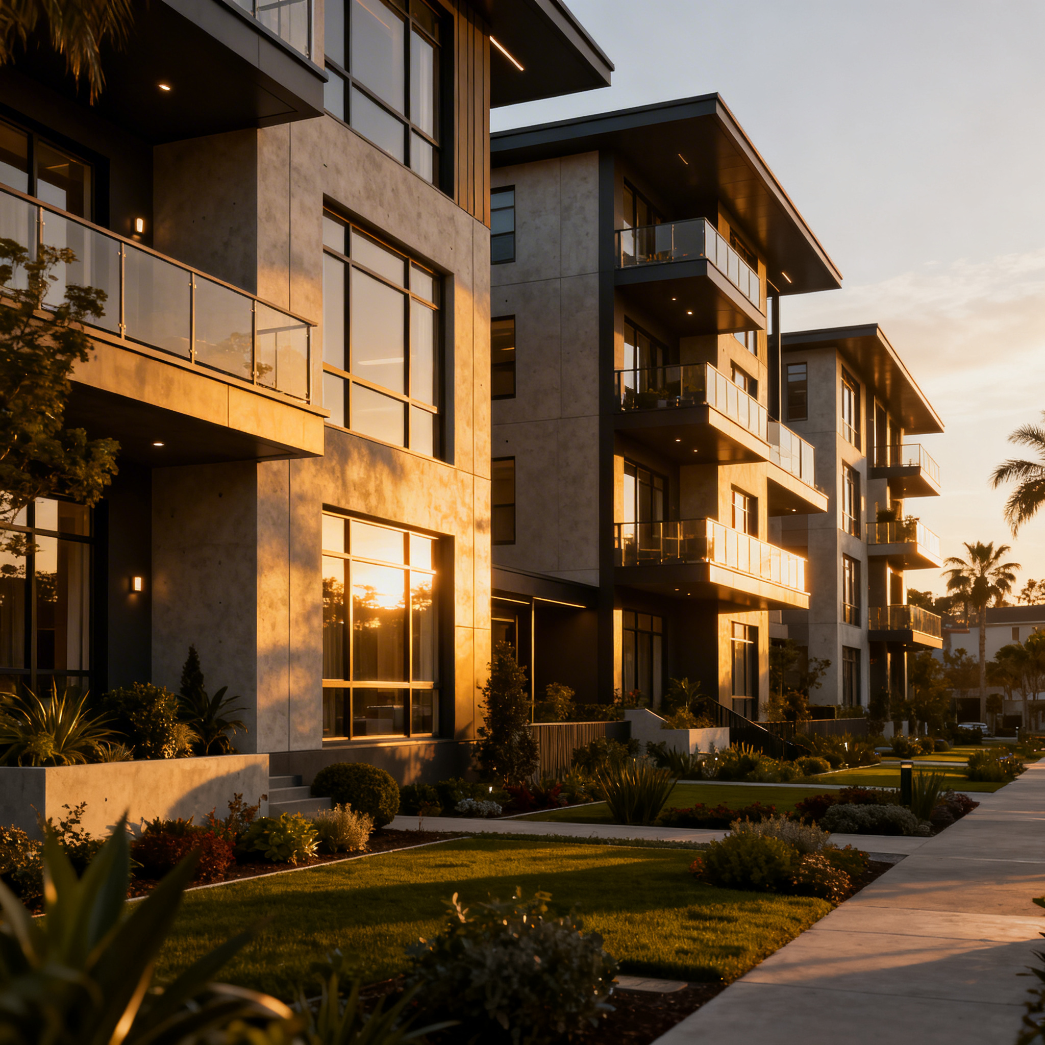 Modern apartment building with sunset lighting
