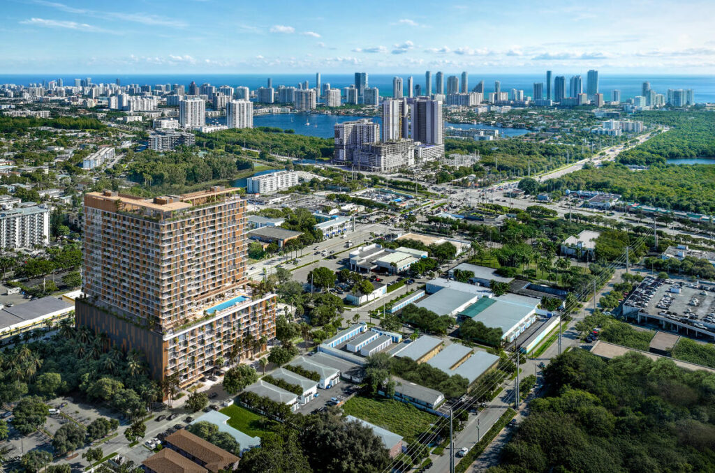 Miami city skyline with tall buildings and ocean