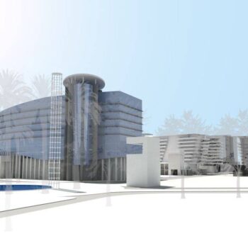 Modern architectural design of a futuristic building in Barranquilla with glass facades and sleek lines.