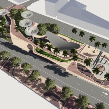 Aerial view of Biscayne Green urban park design with winding paths, palm trees, and modern architectural elements.