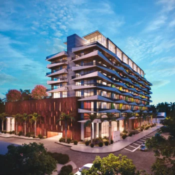 Modern architectural building with sleek design and lush greenery