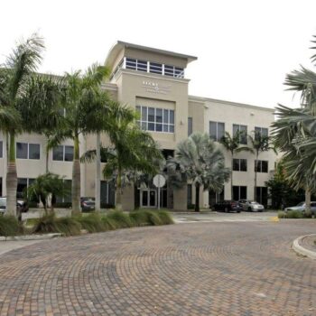 Modern office building with palm trees and a stone pathway