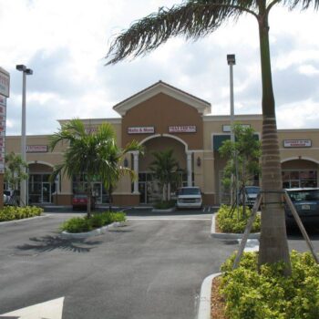 Shopping plaza with palm trees and multiple storefronts under a cloudy sky.