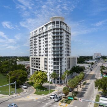 Modern high-rise building in Miami against a blue sky