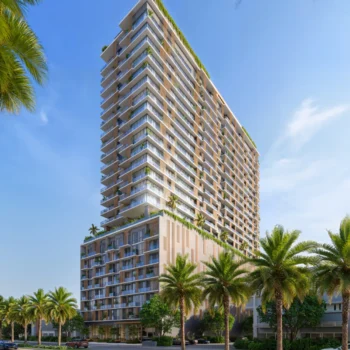 High-rise apartment building with palm trees